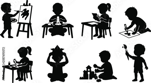 Photos Set of black silhouette icons depicting children engaged in creative play and cr