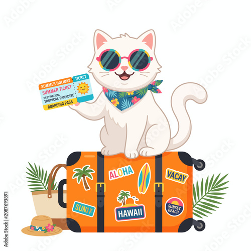 Cute White Cat Wearing Sunglasses and Tropical Bandana Sitting on a Travel Luggage Suitcase Ready for a Summer Vacation Trip
