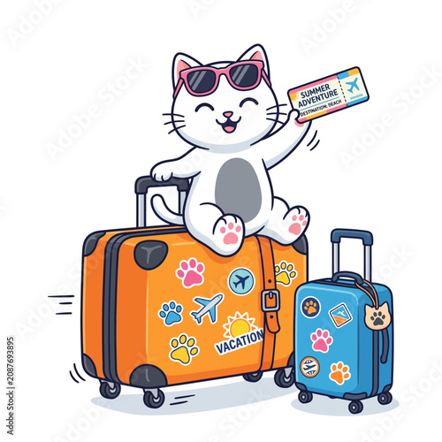 Cute Cartoon White Cat Sitting on Suitcase with Travel Ticket Going on Summer Vacation Illustration