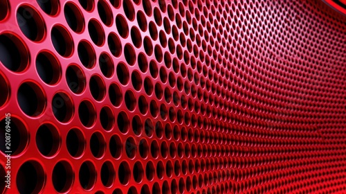 Red metallic perforated surface with circular holes in repeating geometric pattern abstract industrial texture side perspective angle macro