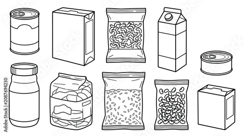 Collection of various packaged food items and containers, presented as line art illustrations.