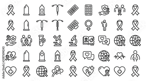 Fotografía Collection of medical and health awareness icons including ribbons, condoms, and globes
