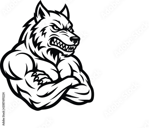 Foto Aggressive muscular wolf mascot vector graphic featuring a fierce growling werew