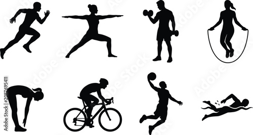 Schilderij op canvas Collection of athletic fitness and sports exercise icons in black and white silh