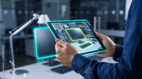 Hands hold tablet with glowing AR computer vision interface scanning office equipment