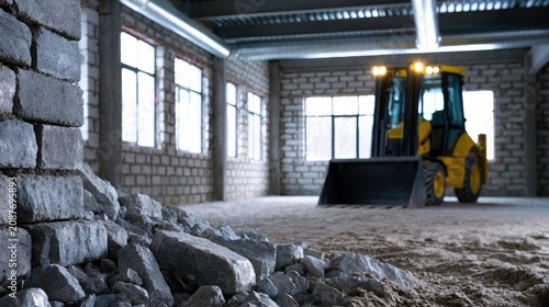 Yellow construction bulldozer loader in unfinished industrial building interior with piles of rubble sandy ground and exposed brick walls