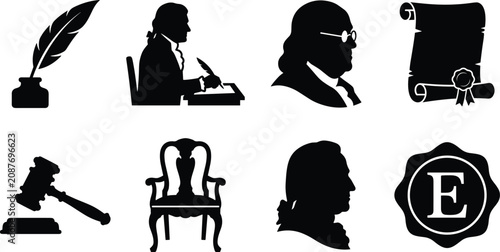 Fotografía Collection of historical American symbols and figures in black and white silhoue