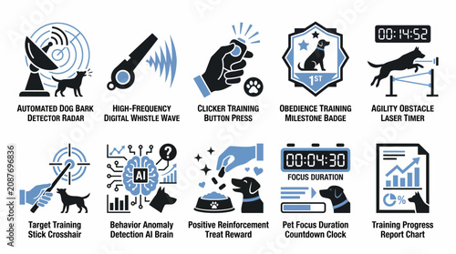 collection of vector icons illustrating various dog training methods and tools, including obedience training, behavior modification, and positive reinforcement techniques.