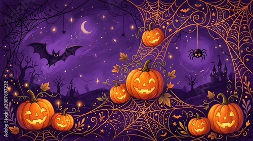 Halloween background with pumpkins and spider webs