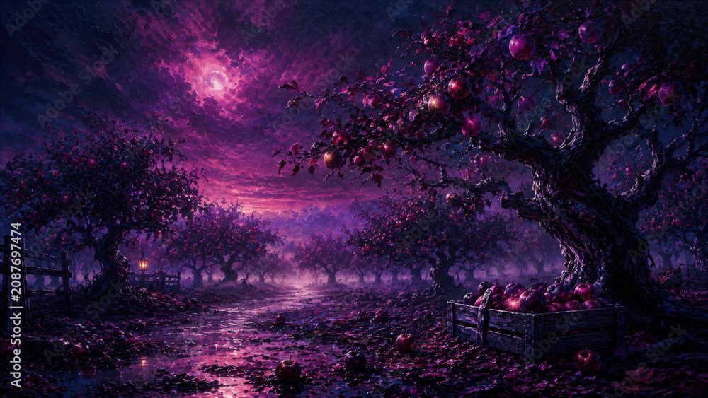 Fototapeta premium A spooky Halloween scene with trees, fence, and stream under a purple night sky.