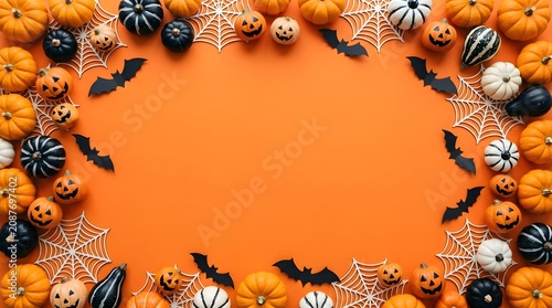 Halloween background with pumpkins, spider webs, and bats on orange