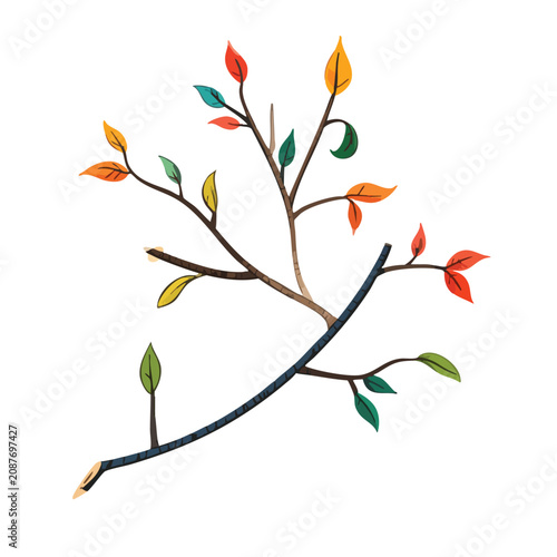 Watercolor painting of a delicate autumn branch with colorful leaves.