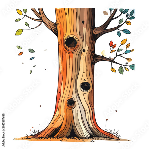 Stylized Illustration of an Old Tree with Hollow Trunks.
