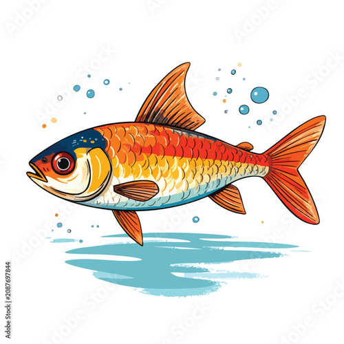Vibrant hand drawn illustration of a small tropical fish swimming.