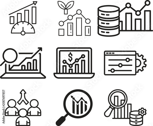 Business analytics line icon set collection group featuring dashboard, chart, graph, report, data, strategy, finance, growth, performance, monitoring, visualization, management outline style.