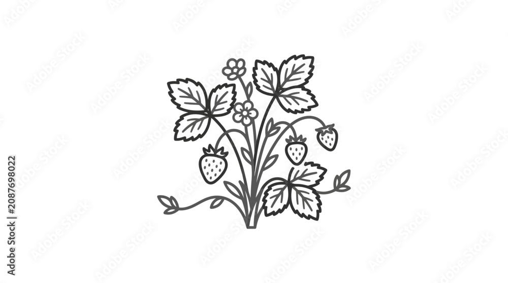 Fototapeta premium Creative Minimalist Line Drawing of Fresh Strawberry Plant with Leaves and Flowers in Monochrome