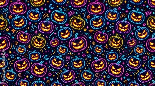 Seamless pattern with glowing neon jackolantern pumpkins on a dark background for halloween