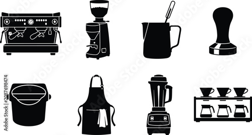 Tableau sur toile Set of Black Coffee Shop Icons Featuring Barista Equipment and Brewing Tools