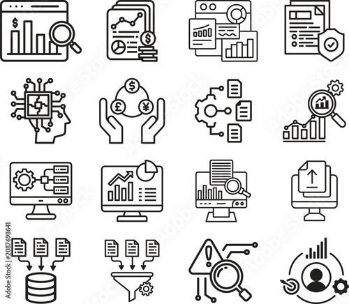 Business analytics line icon set collection group featuring dashboard, chart, graph, report, data, strategy, finance, growth, performance, monitoring, visualization, management outline style.