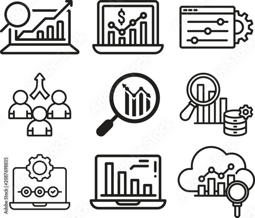 Business analytics line icon set collection group featuring dashboard, chart, graph, report, data, strategy, finance, growth, performance, monitoring, visualization, management outline style.