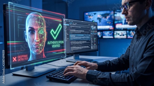 Media analyst types at deepfake detection interface with holographic face recognition security