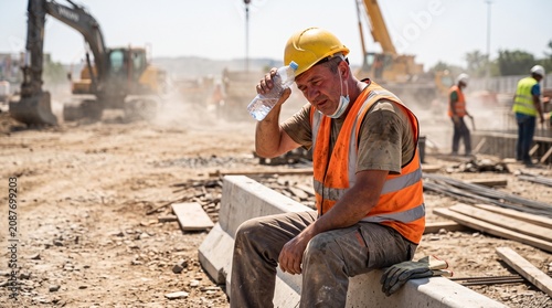 Construction Worker Exhausted in Extreme Summer Heat