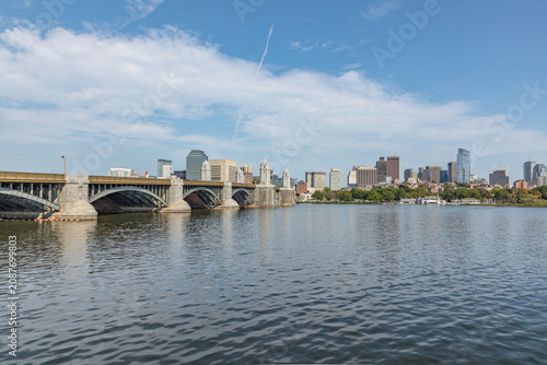 skyline of Boston seen from river Charles with longfellow bridge