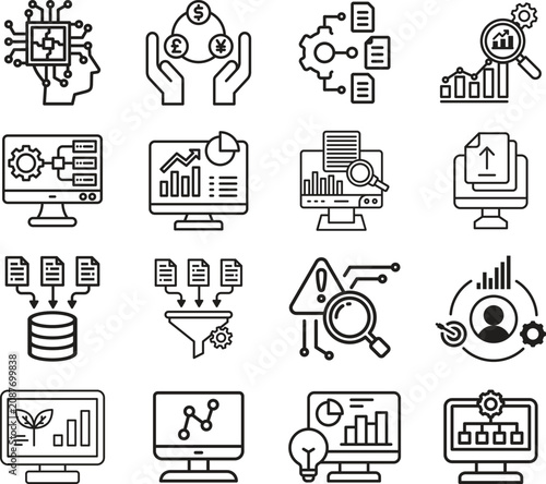 Business analytics line icon set collection group featuring dashboard, chart, graph, report, data, strategy, finance, growth, performance, monitoring, visualization, management outline style.