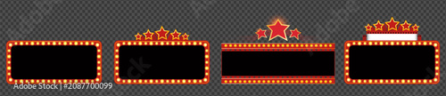 Retro lightbox set, realistic vintage rectangular frames with light bulbs. Red marquee billboards with lamps isolated on transparent background, Red neon cinema marquee frame with glow gold lights.