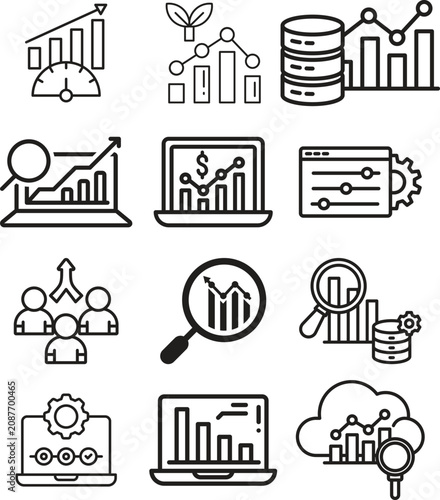 Business analytics line icon set collection group featuring dashboard, chart, graph, report, data, strategy, finance, growth, performance, monitoring, visualization, management outline style.
