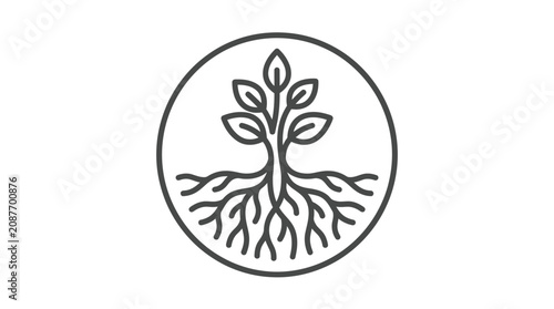 Obraz na plátne Clean Minimalist Line Drawing of a Plant with Roots Inside a Circle Border Monoc
