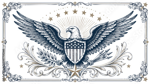 Patriotic Monoline Design of an American eagle with shield and stars on 4th of July