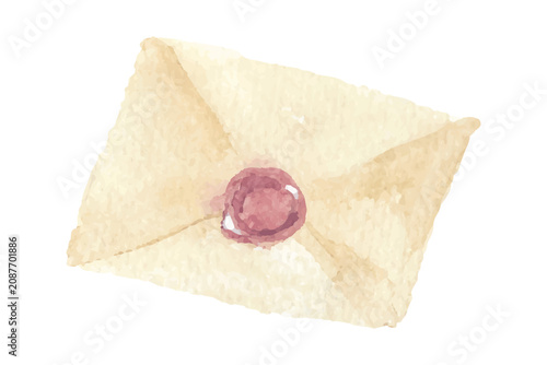 Tableau sur toile Watercolor illustration of a vintage closed envelope with a red wax seal envelop