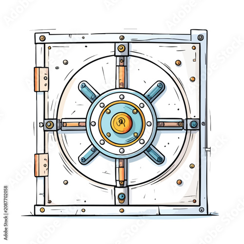 Cartoon Illustration of a Secure Steel Vault Door.