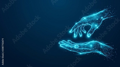 Abstract glowing digital hands reaching towards each other connected by network mesh with connection technology interface interaction reaching collaboration communication particles