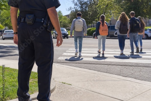 Police officer standing on sidewalk watching diverse group of students walking across urban crosswalk near school campus, professional safety and community protection concept, bright daylight