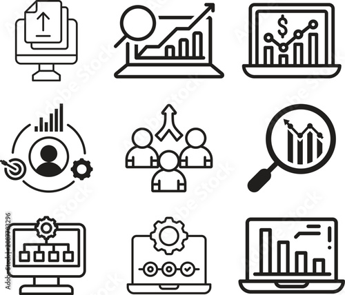 Business analytics line icon set collection group featuring dashboard, chart, graph, report, data, strategy, finance, growth, performance, monitoring, visualization, management outline style.