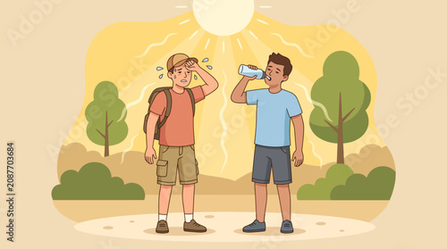 Two Men Feeling Overheated and Drinking Water During Summer Heatwave