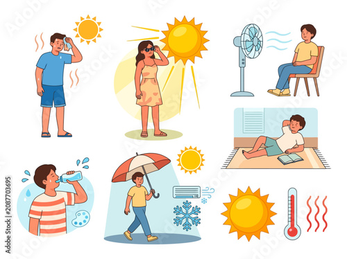 Extreme Hot Weather Heatwave People Activity Vector Set