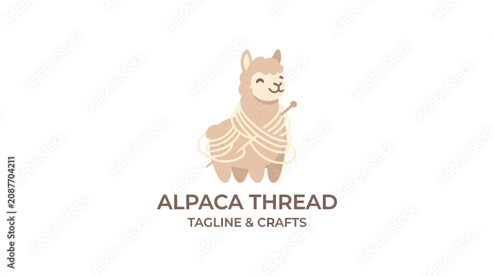 Fototapeta premium Cute alpaca mascot in minimalist flat vector style, ideal for knitting brands, yarn packaging, handmade crafts, textile businesses, logo design, stickers, and creative branding.