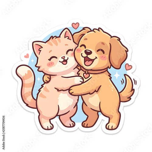 Cute cartoon ginger kitten and puppy hugging joyfully in a friendly sticker illustration featuring hearts and soft pastel colors