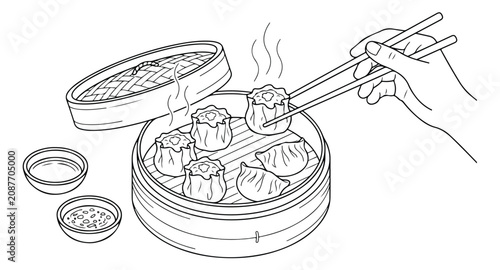 Foto Steaming dim sum vector illustration, traditional Chinese dumplings in bamboo st