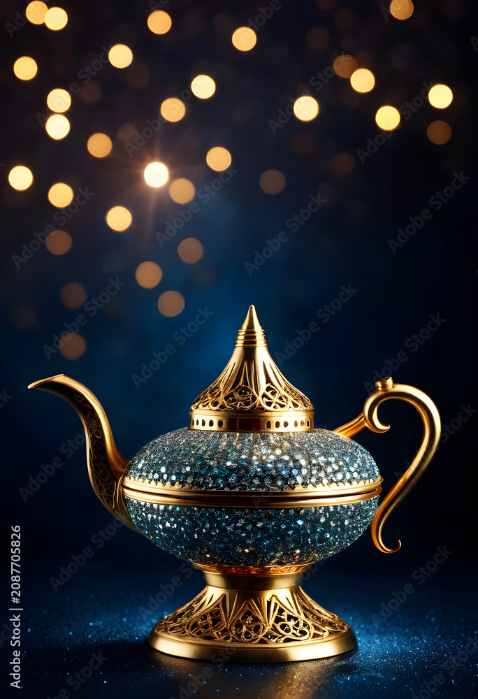 Obraz premium Decorative golden aladdin lamp with sparkling surface