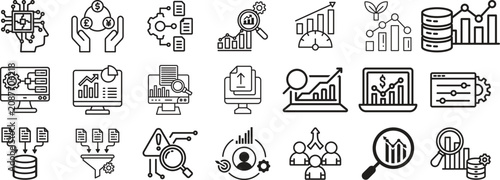 Business analytics line icon set collection group featuring dashboard, chart, graph, report, data, strategy, finance, growth, performance, monitoring, visualization, management outline style.