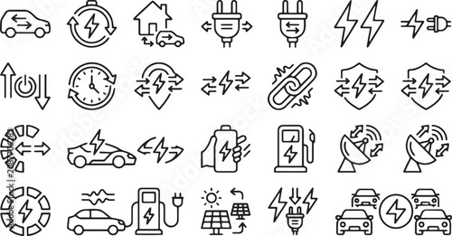 Photography Bidirectional EV Charging and V2G Technology Line Icon Set