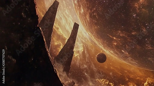 Epic Space Fantasy Landscape with Alien Monoliths and Glowing Planet