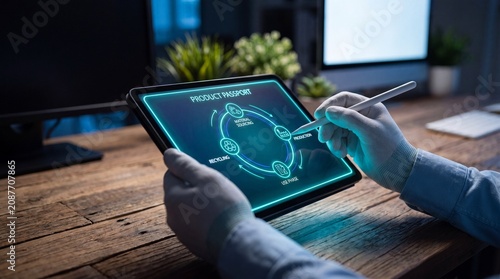 Sustainability manager hands holding tablet with glowing digital product passport interface data
