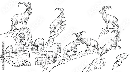 Photography Alpine ibex mountain goat collection, hand drawn wild animals on rocky cliffs, b