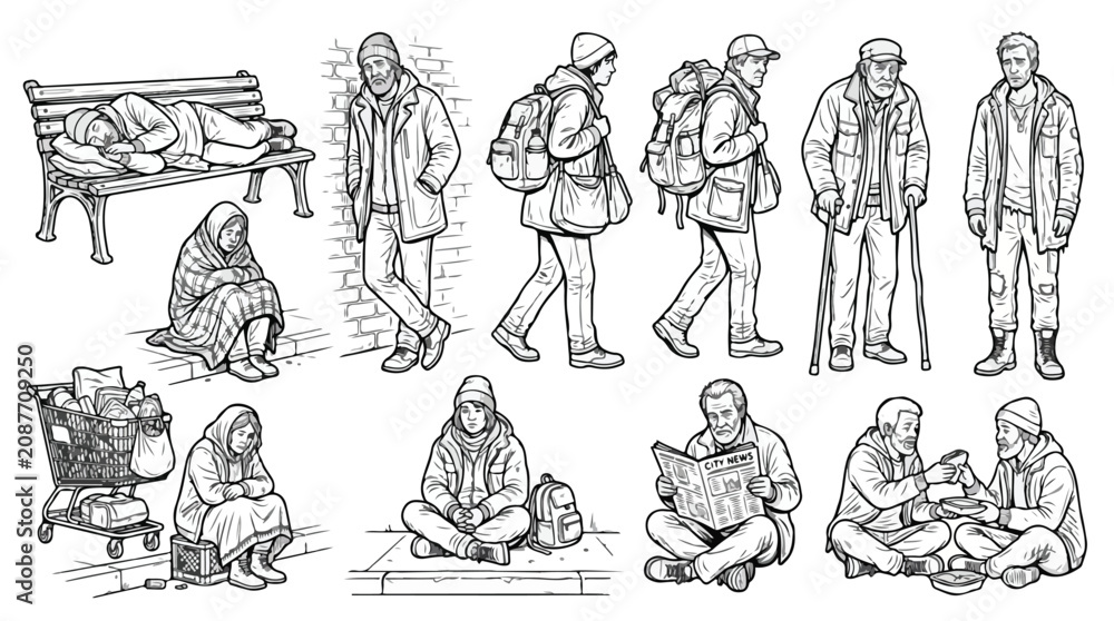 Fototapeta premium Homeless people line art collection, 10 vector illustrations of poverty and social issues, beggar characters and vagrant men in outline style
