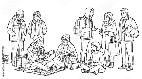 Tableau sur toile Homeless people line art illustration, diverse group of refugees and displaced p